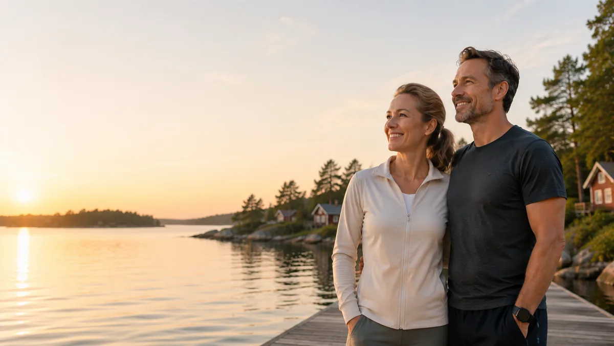 Ett par vid vattnet i kvällsljus, som symboliserar en långsiktig daglig rutin