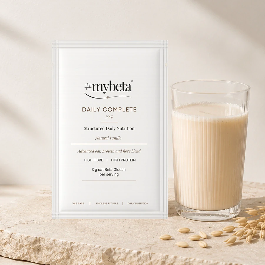 Mybeta Daily med vaniljsmak serverad i köksmiljö